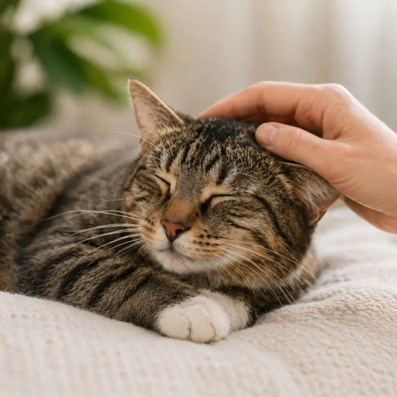 Chat tigré détendu recevant un geste manuel doux sur la tête