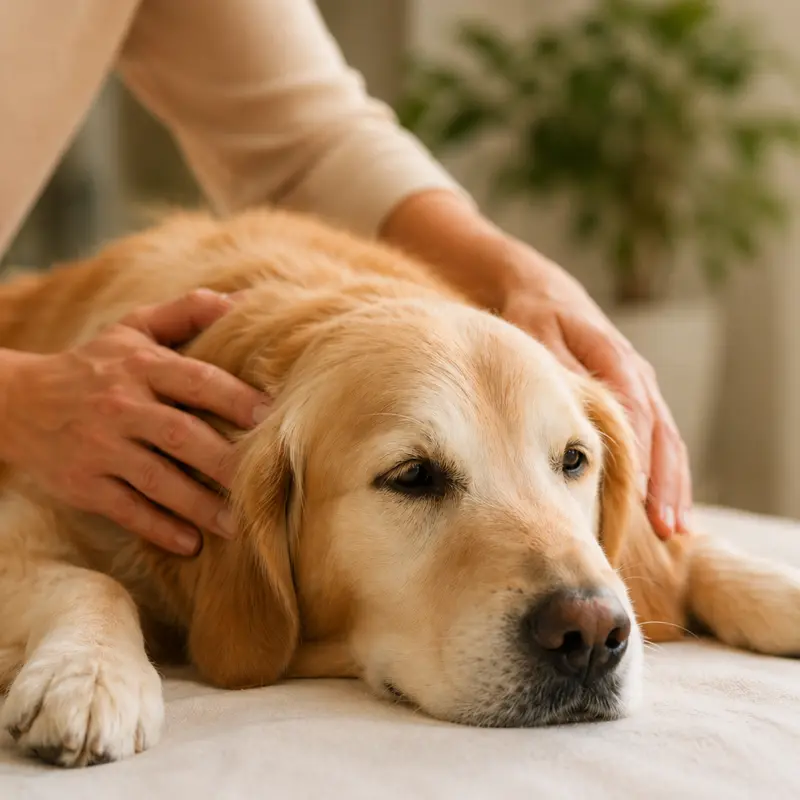 Golden retriever recevant des gestes manuels doux lors d’une séance de bien-être animal